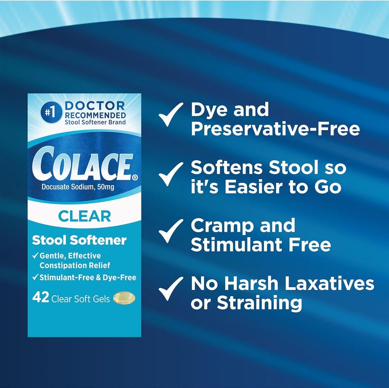 COLACE Clear Stool Softener for Gentle Effective Constipation Relief, #1 Doctor Recommended Stool Softener Brand, Dye Free, 50 mg Docusate Capsules, 42 Count - Image 4